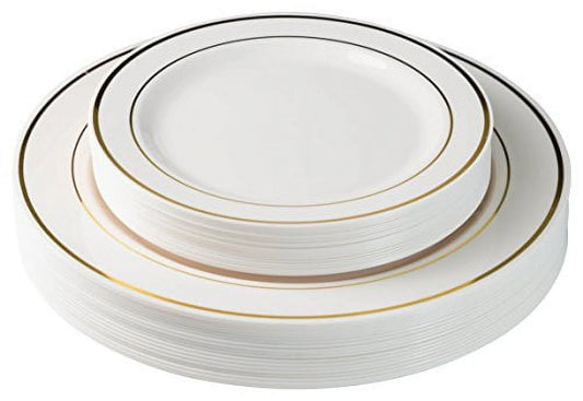 60 Pcs Ivory & Gold Plastic Disposable Dinnerware Set Combo - Wedding & Party - 30 Plastic Dinner Plates and 30 Dessert Plates