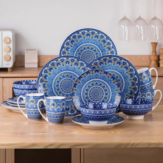 , 16 Piece Porcelain Dinnerware Set, Boho Blue Dinner Set, Service for 4